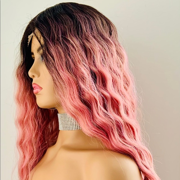 Long 28” Wavy Dusty Pink Synthetic Lace Front Wig - Picture 7 of 15